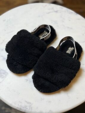 UGG Toddler Girls Size 11 Black Fuzzy Plush Slingback Slide Slippers